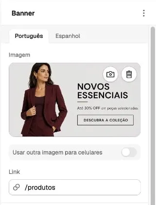 Painel de um item Banner com sua imagem, opção de outra imagem para celulares e campo de link.