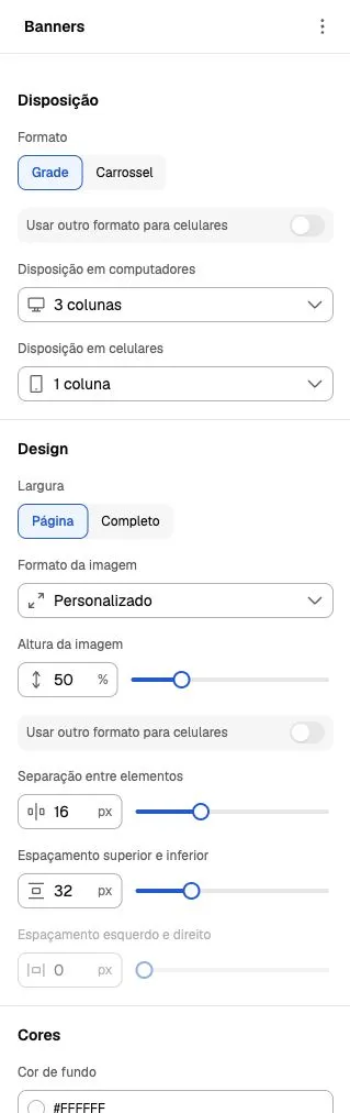 Painel Banners com grade, três colunas no computador, uma no celular, proporção personalizada e controles independentes para celulares.