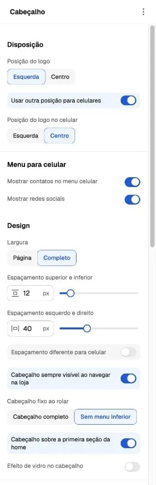 Painel Cabeçalho com posição do logo, Menu para celular e controles de fixação e sobreposição.
