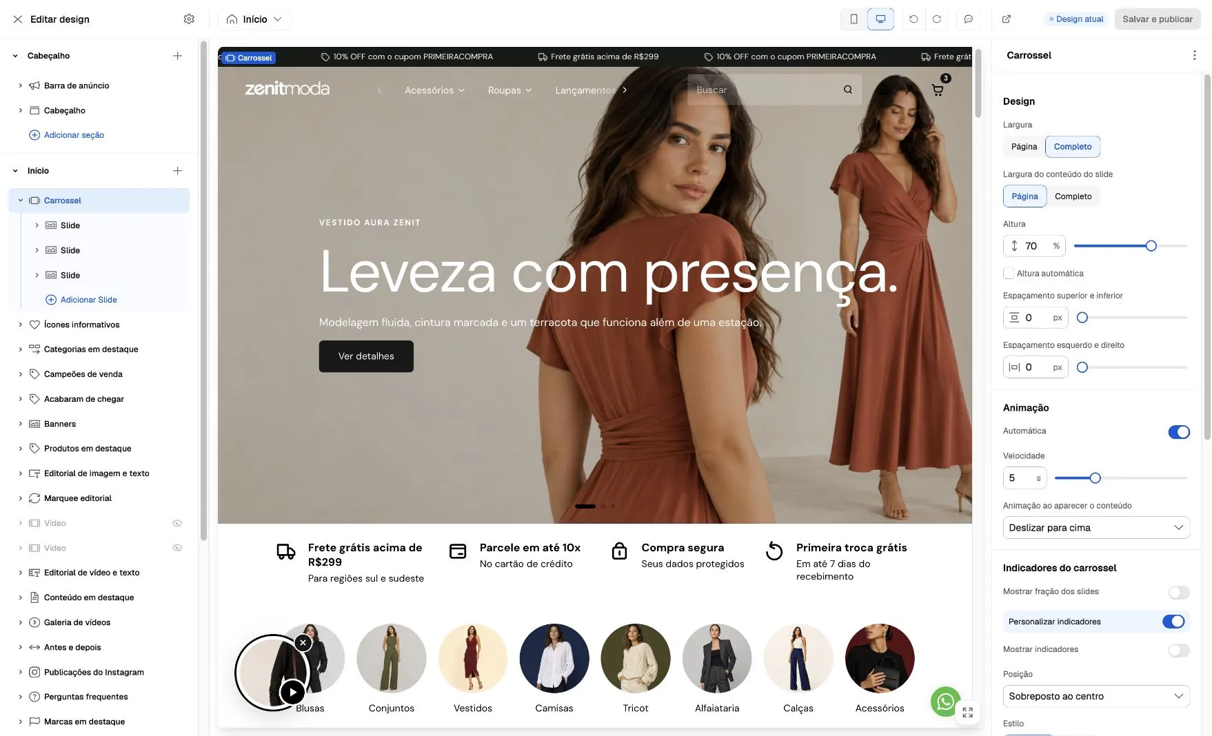 Carrossel selecionado no novo editor (Brand Editor), com slides à esquerda e controles de largura, altura e animação à direita.