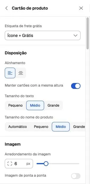 Painel Cartão de produto com alinhamento, altura uniforme, tamanhos de texto e controles da imagem.