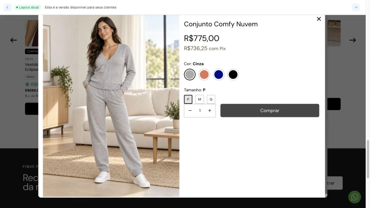Janela de compra rápida com imagem do Conjunto Comfy Nuvem, preço, cor, tamanho, quantidade e botão Comprar.