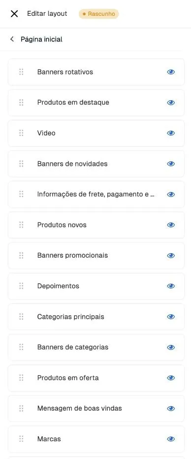 Editor antigo com lista de módulos da home do Recife, alças para reordenar e controles de visibilidade.
