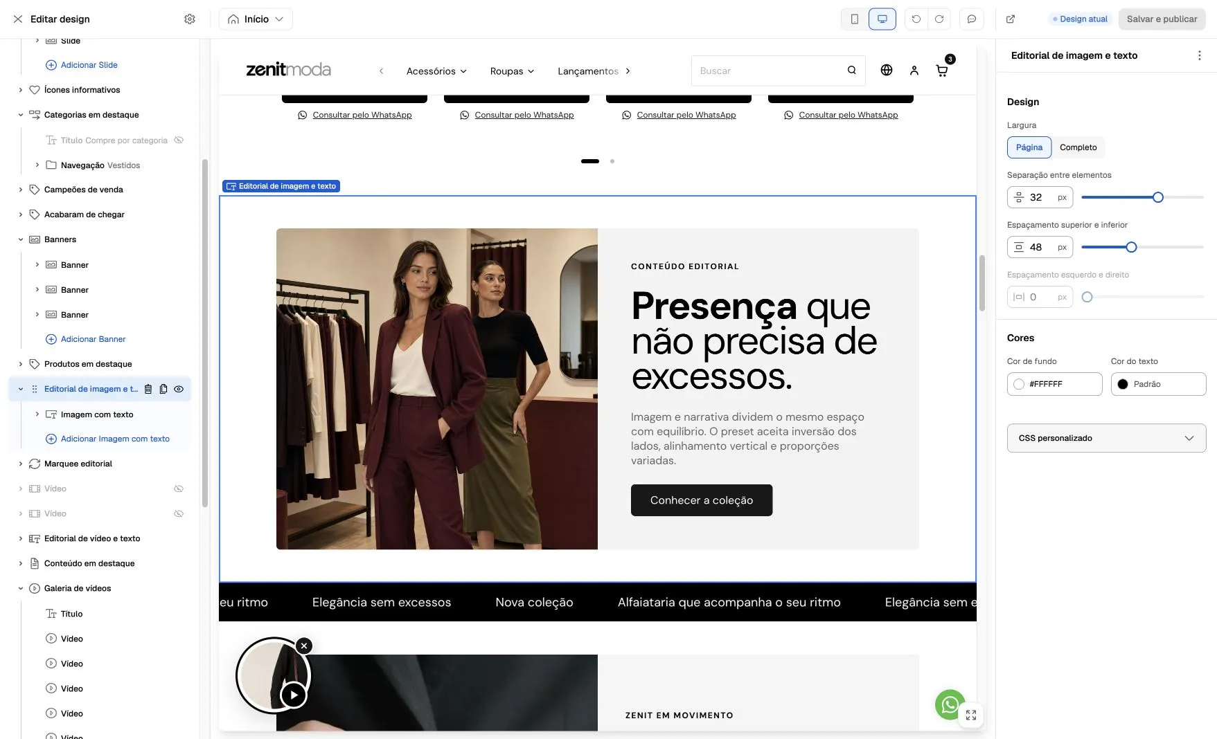 Editorial de imagem e texto no editor, com imagem à esquerda, título, texto e botão à direita, além de controles de largura e espaçamento.