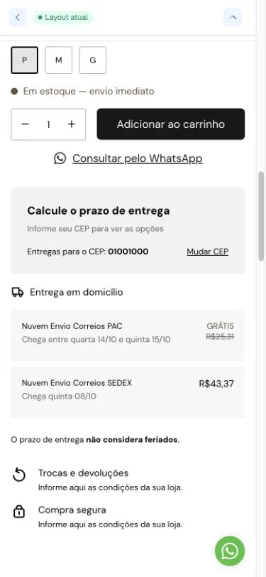 Resultados de frete no celular, empilhados abaixo do formulário de compra.