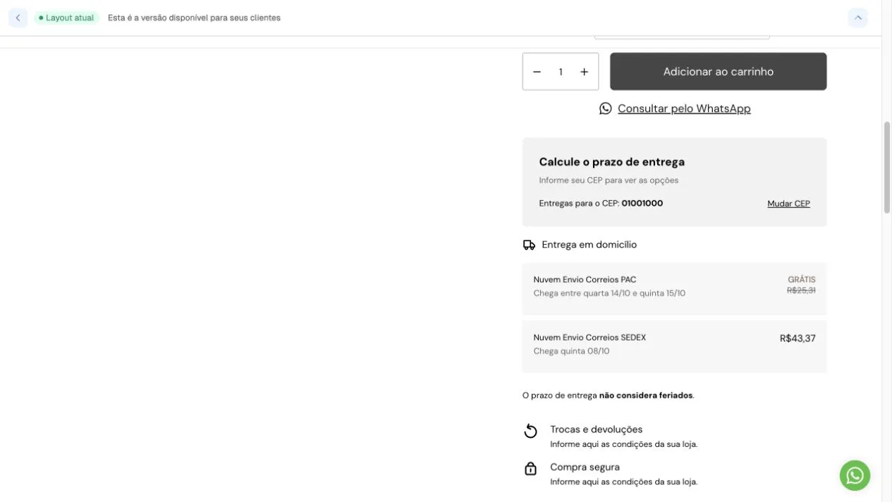Calculadora de frete na página de produto no computador, com CEP, opção de mudar o CEP, transportadoras, preços e previsão de entrega.