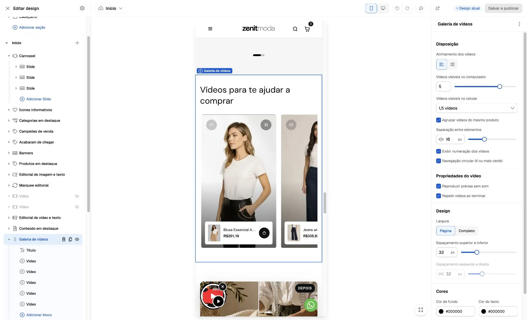 Prévia da galeria no celular, com um card inteiro e parte do próximo, mantendo os controles da seção visíveis.