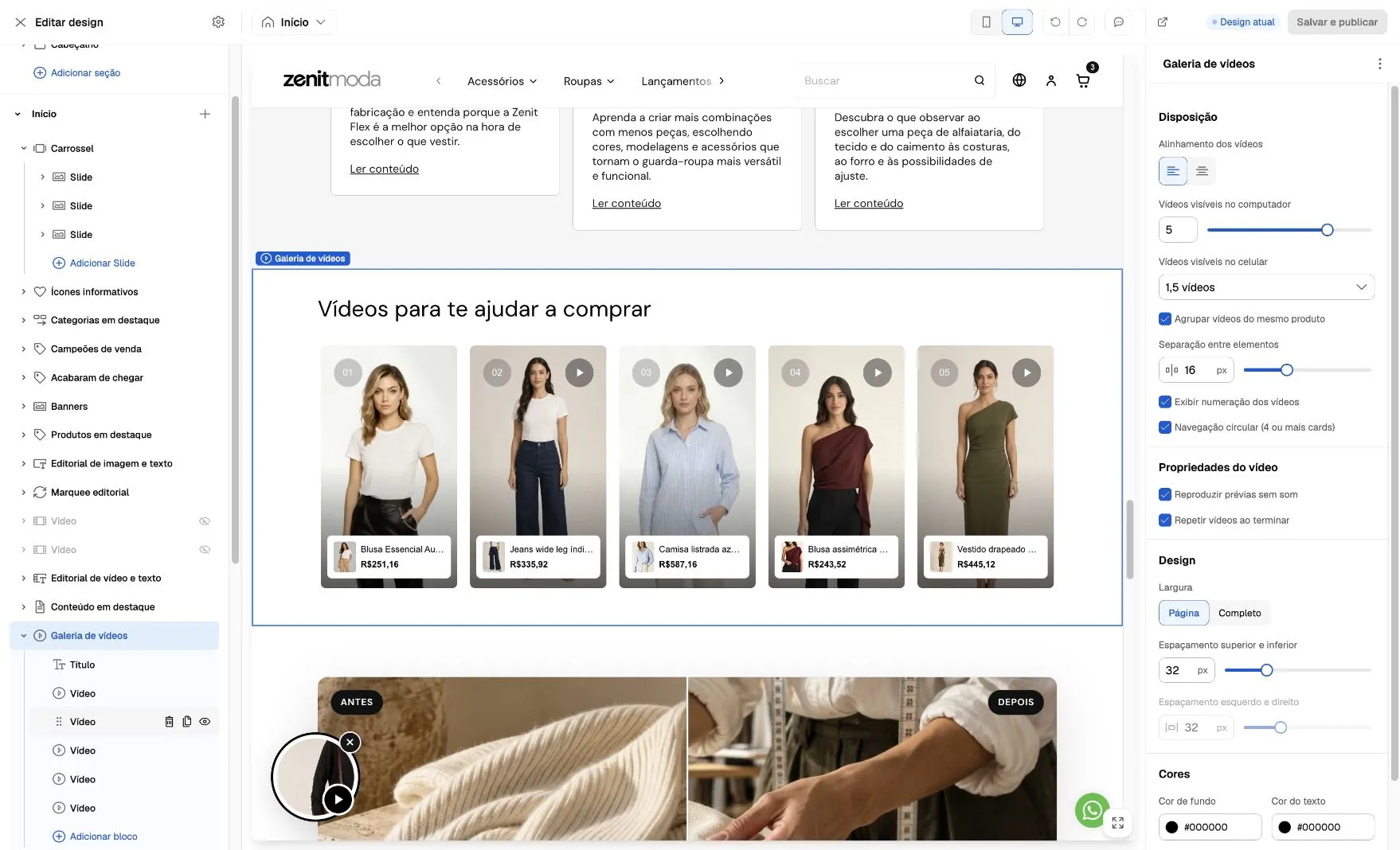 Galeria de vídeos no desktop, com cinco cards e controles de quantidade visível, agrupamento e reprodução no painel lateral.