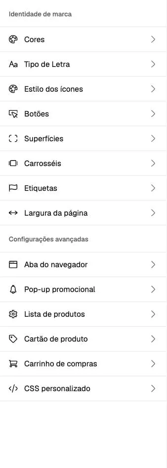 Menu das configurações globais com Identidade de marca e Configurações avançadas.