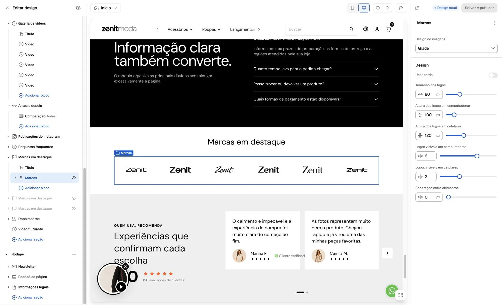 Bloco Marcas selecionado no editor, seis logos em grade e controles de disposição, tamanho, altura, quantidade e espaçamento.