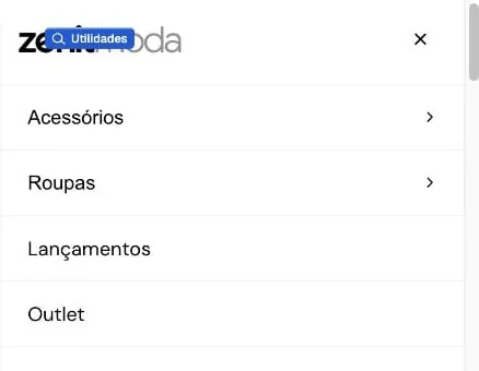 Parte superior do menu aberto na prévia de celular, com categorias e botão de fechar.
