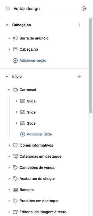 Novo editor com áreas Cabeçalho e Início, seção Carrossel expandida e três blocos Slide.