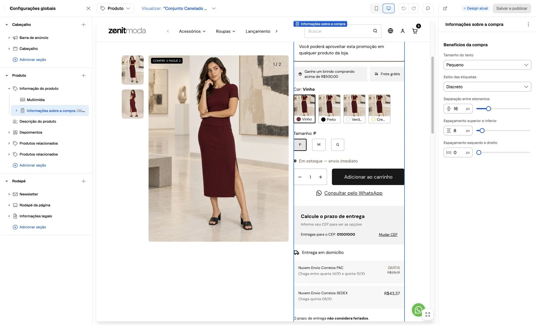 Informações sobre a compra selecionadas no editor, com controles de texto e estilo dos benefícios e sua apresentação no produto.