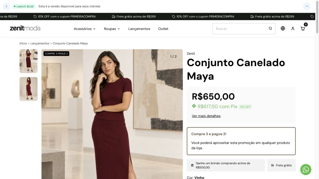 Página do Conjunto Canelado Maya no computador, com galeria e miniaturas à esquerda, preço e condições comerciais à direita.