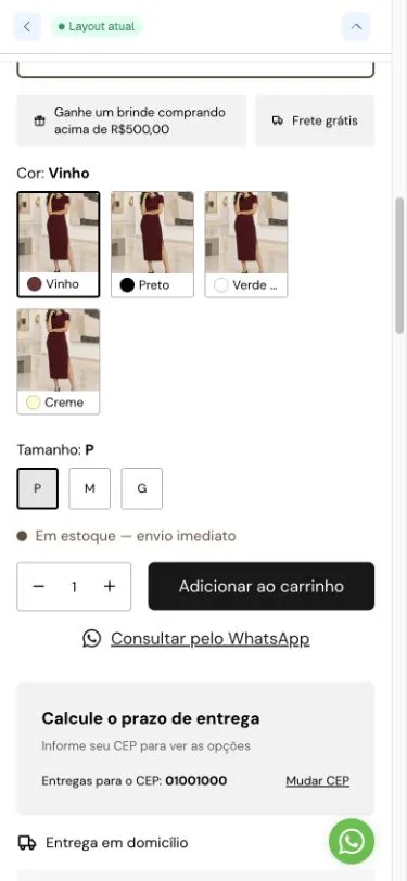 Formulário da página de produto no celular, com fotos das cores distribuídas em linhas, tamanhos, disponibilidade e compra.