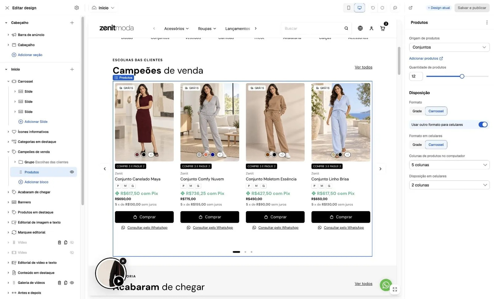 Bloco Produtos selecionado dentro de uma vitrine, com origem, quantidade, formato e colunas ao lado do resultado.